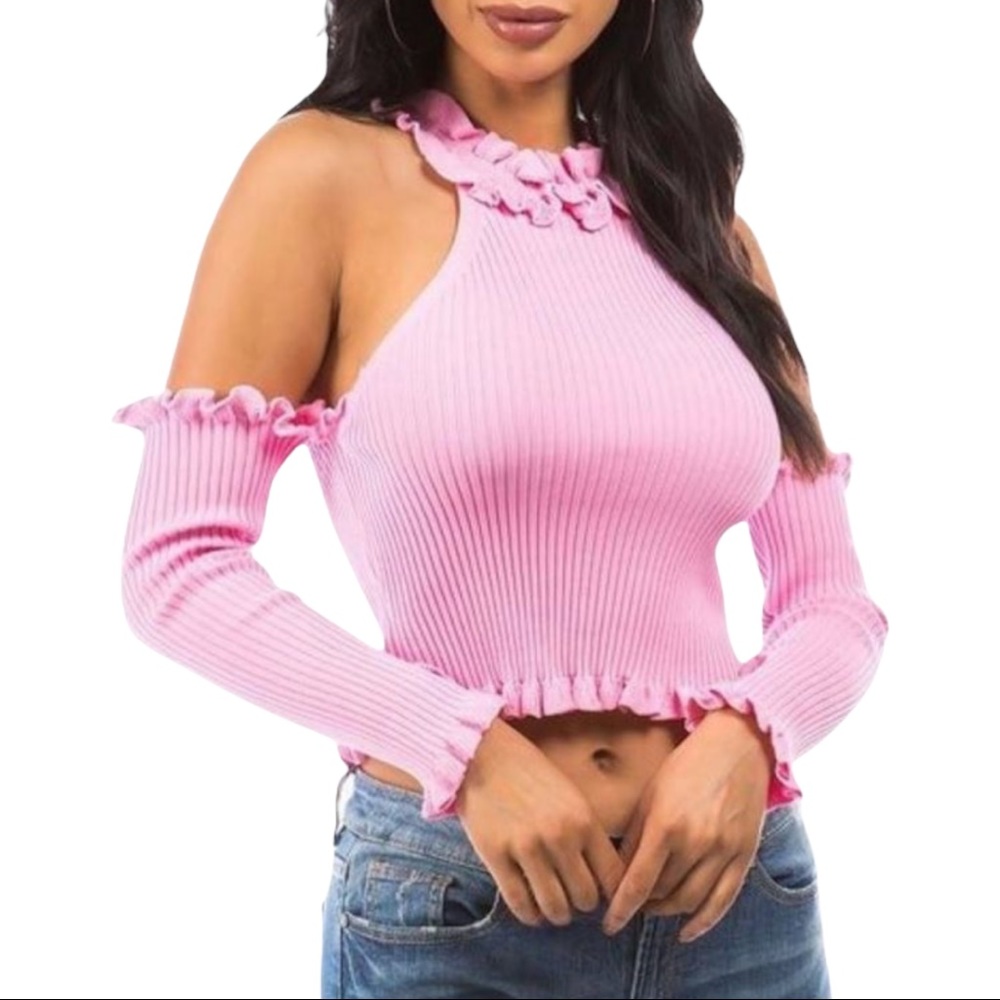 Ribbed Knit Turtleneck Long Sleeve Top in Pink